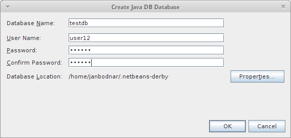 Create Java DB Database dialog