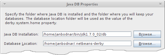 Java DB Properties Window